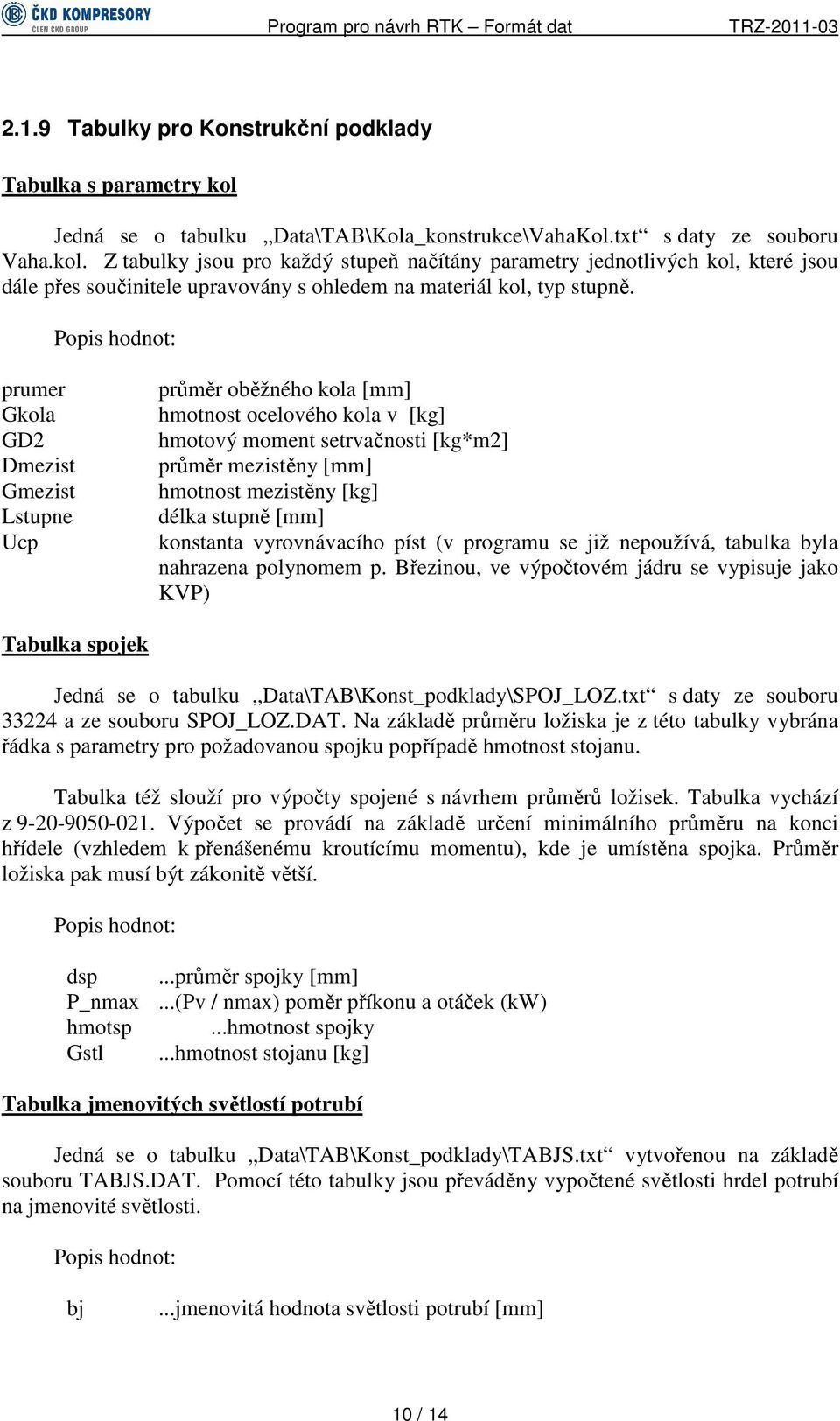 Z tabulky jsou pro každý stupeň načítány parametry jednotlivých kol, které jsou dále přes součinitele upravovány s ohledem na materiál kol, typ stupně.