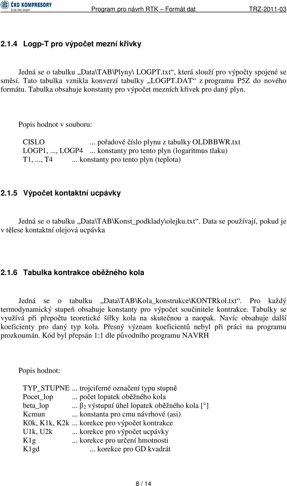 .. konstanty pro tento plyn (logaritmus tlaku) T1,..., T4... konstanty pro tento plyn (teplota) 2.1.5 Výpočet kontaktní ucpávky Jedná se o tabulku Data\TAB\Konst_podklady\olejku.txt.