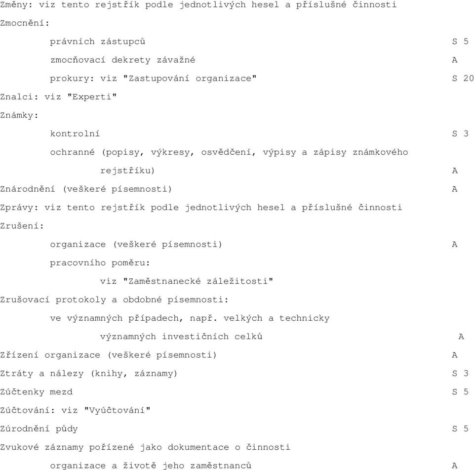 činnosti Zrušení: organizace (veškeré písemnosti) pracovního poměru: viz "Zaměstnanecké záležitosti" Zrušovací protokoly a obdobné písemnosti: ve významných případech, např.