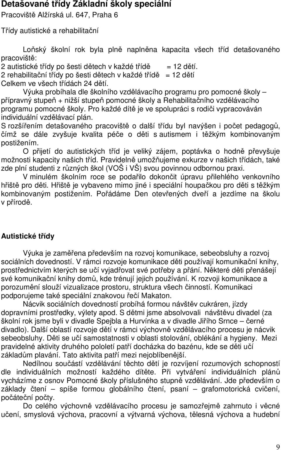 2 rehabilitační třídy po šesti dětech v každé třídě = 12 dětí Celkem ve všech třídách 24 dětí.