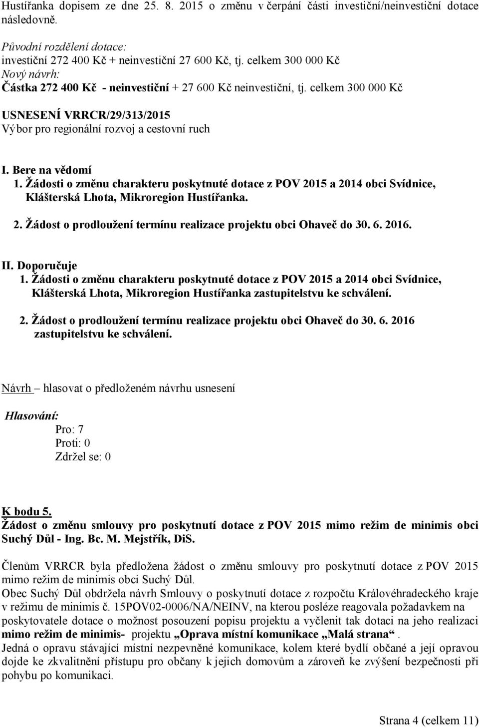 Žádosti o změnu charakteru poskytnuté dotace z POV 2015 a 2014 obci Svídnice, Klášterská Lhota, Mikroregion Hustířanka. 2. Žádost o prodloužení termínu realizace projektu obci Ohaveč do 30. 6. 2016.