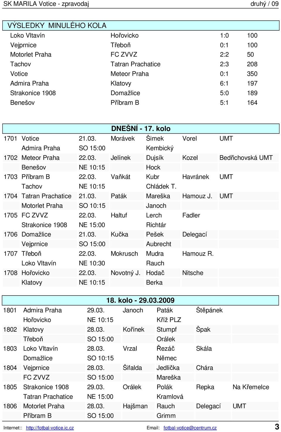 03. Vaňkát Kubr Havránek UMT Tachov NE 10:15 Chládek T. 1704 Tatran Prachatice 21.03. Paták Mareška Hamouz J. UMT Motorlet Praha SO 10:15 Janoch 1705 FC ZVVZ 22.03. Haltuf Lerch Fadler Strakonice 1908 NE 15:00 Richtár 1706 Domažlice 21.