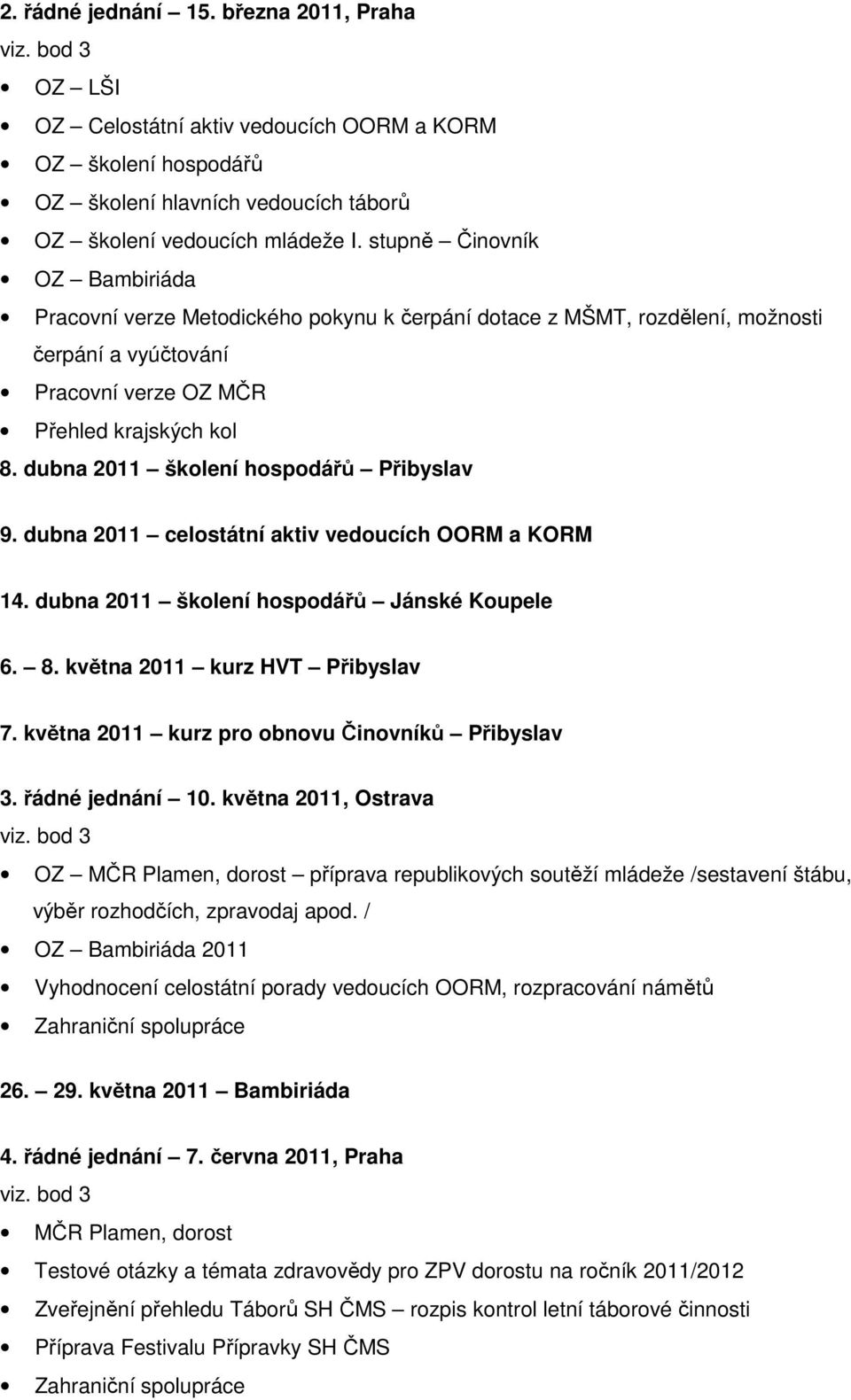 dubna 2011 školení hospodářů Přibyslav 9. dubna 2011 celostátní aktiv vedoucích OORM a KORM 14. dubna 2011 školení hospodářů Jánské Koupele 6. 8. května 2011 kurz HVT Přibyslav 7.