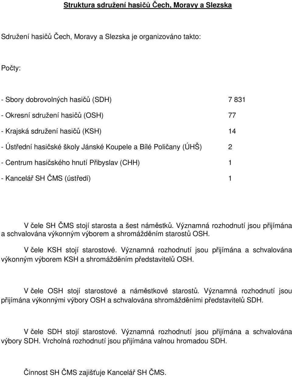 starosta a šest náměstků. Významná rozhodnutí jsou přijímána a schvalována výkonným výborem a shromážděním starostů OSH. V čele KSH stojí starostové.