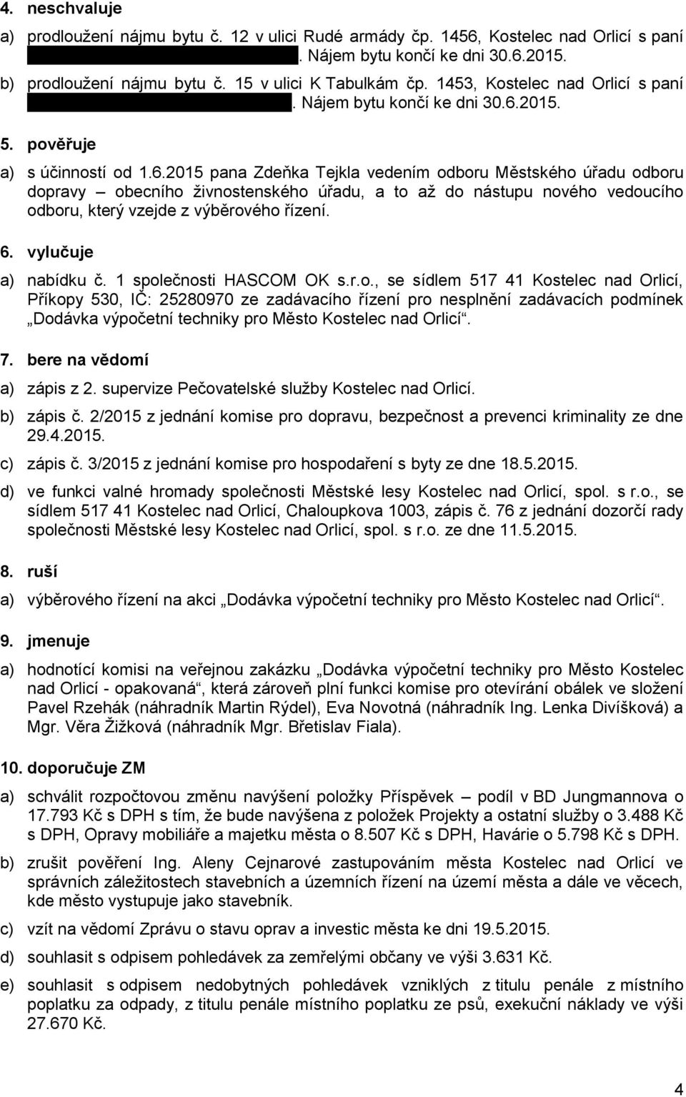 2015. 5. pověřuje a) s účinností od 1.6.