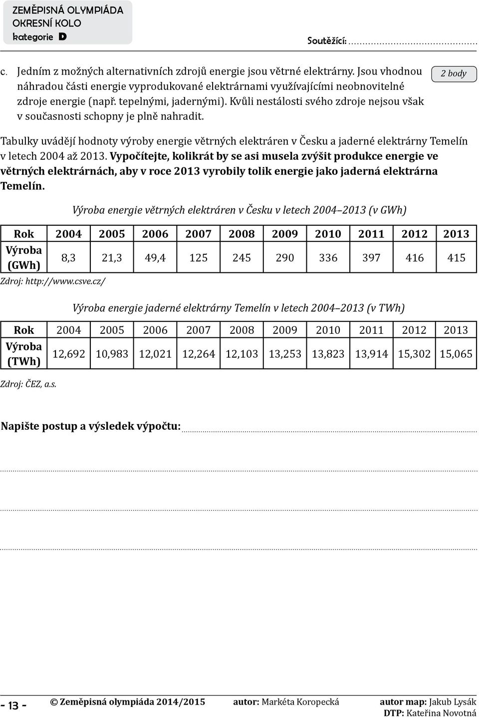 2 body Tabulky uvádějí hodnoty výroby energie větrných elektráren v Česku a jaderné elektrárny Temelín v letech 2004 až 2013.