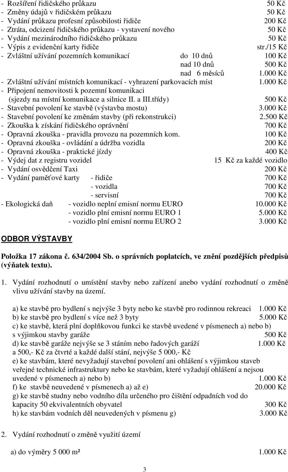 /15 Kč - Zvláštní užívání pozemních komunikací do 10 dnů nad 10 dnů nad 6 měsíců - Zvláštní užívání místních komunikací - vyhrazení parkovacích míst - Připojení nemovitosti k pozemní komunikaci