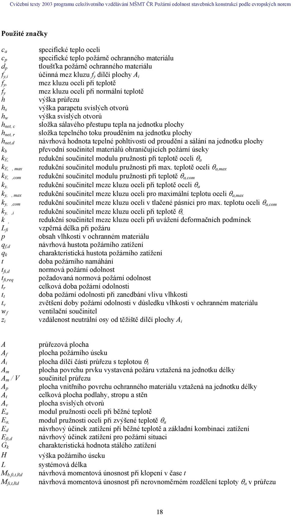 lochy h ne,d návrhová hodnoa eelné ohlivosi od roudění a sálání na jednoku lochy k řevodní součiniel maeriálů ohraničujících ožární úseky k E, redukční součiniel modulu ružnosi ři eloě oceli θ a k