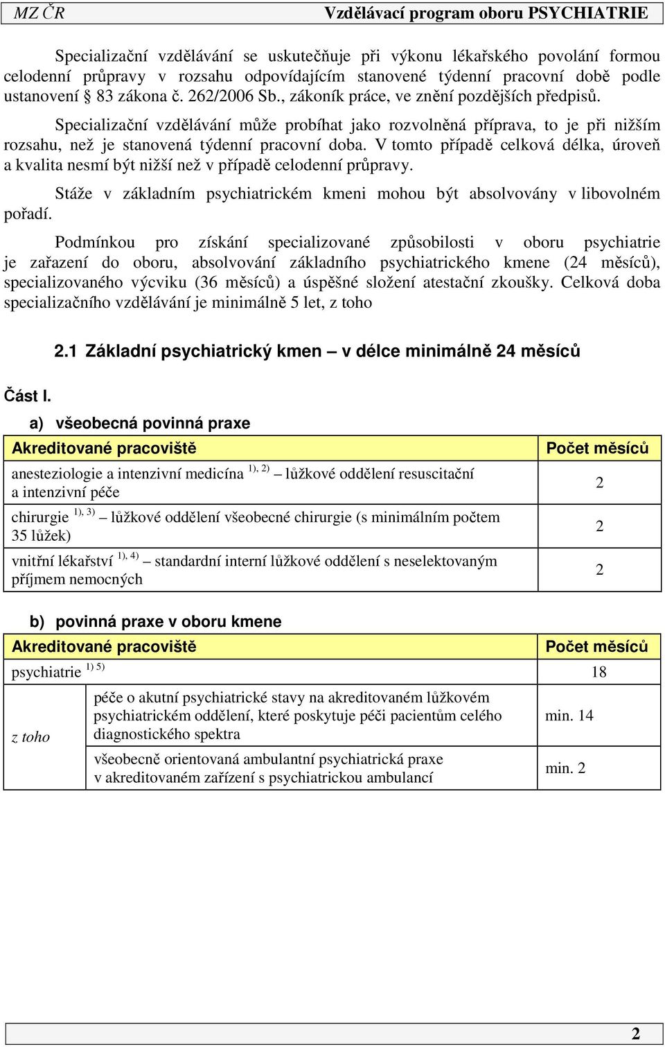 V tomto případě celková délka, úroveň a kvalita nesmí být nižší než v případě celodenní průpravy. Stáže v základním psychiatrickém kmeni mohou být absolvovány v libovolném pořadí.