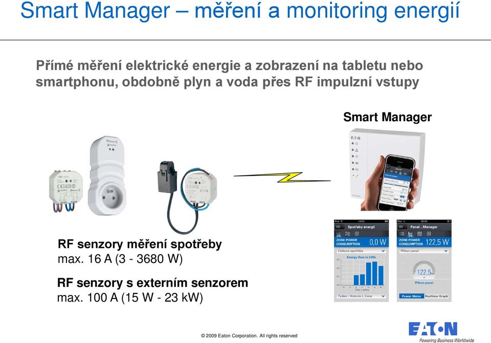 přes RF impulzní vstupy Smart Manager RF senzory měření spotřeby max.