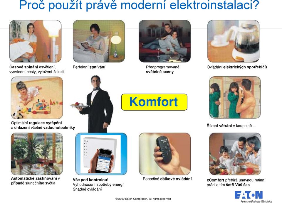 elektrických spotřebičů Komfort Optimální regulace vytápění a chlazení včetně vzduchotechniky Řízení větrání v koupelně.