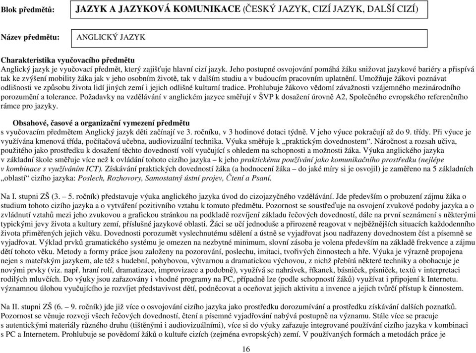 Jeho postupné osvojování pomáhá žáku snižovat jazykové bariéry a přispívá tak ke zvýšení mobility žáka jak v jeho osobním životě, tak v dalším studiu a v budoucím pracovním uplatnění.