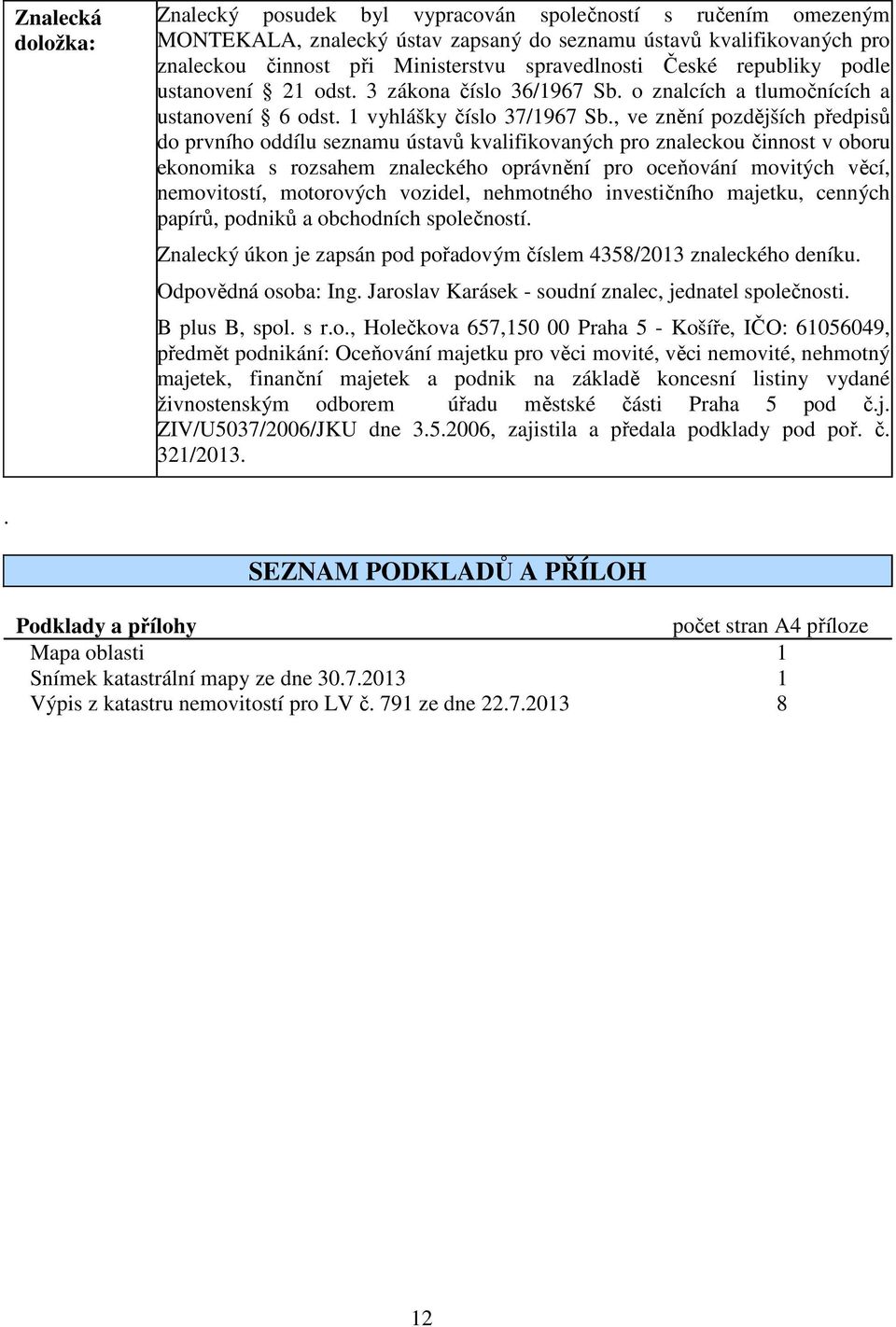 , ve znění pozdějších předpisů do prvního oddílu seznamu ústavů kvalifikovaných pro znaleckou činnost v oboru ekonomika s rozsahem znaleckého oprávnění pro oceňování movitých věcí, nemovitostí,