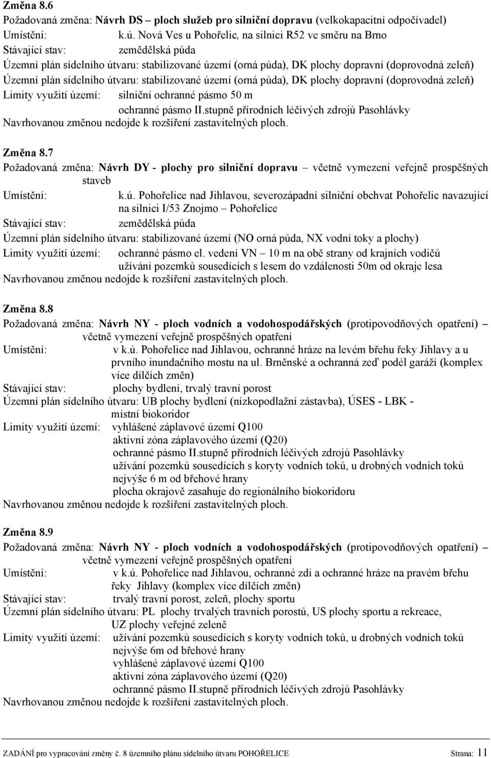 sídelního útvaru: stabilizované území (orná půda), DK plochy dopravní (doprovodná zeleň) Limity využití území: silniční ochranné pásmo 50 m Změna 8.