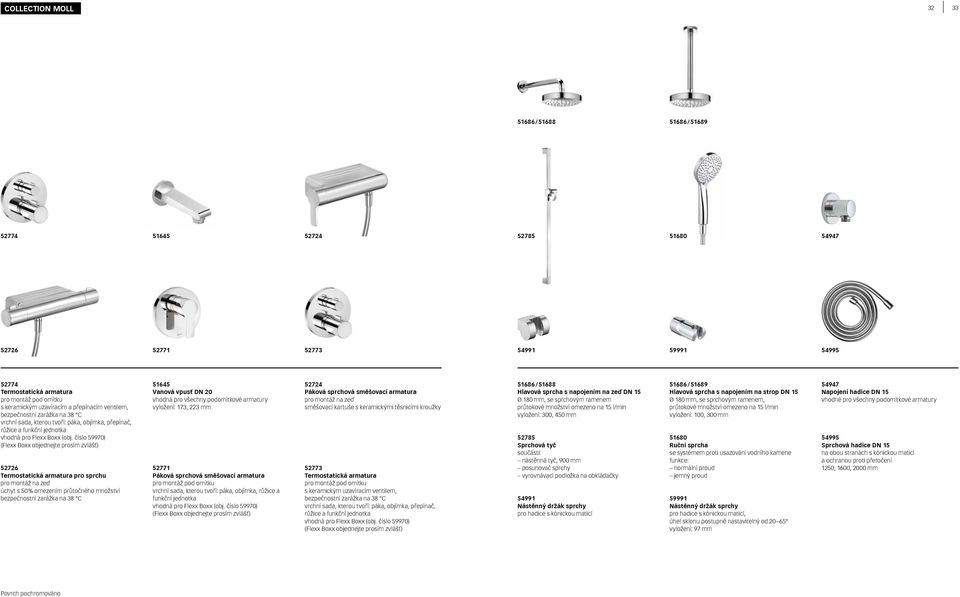 číslo 59970) (Flexx Boxx objednejte prosím zvlášť) 52726 Termostatická armatura pro sprchu pro montáž na zeď úchyt s 50 % omezením průtočného množství bezpečnostní zarážka na 38 C 51645 Vanová vpusť