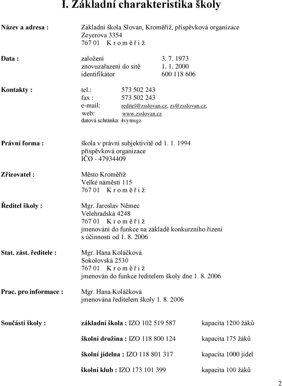 cz, zs@zsslovan.cz, www.zsslovan.cz datová schránka: 4vymsgz Právní forma : škola v právní subjektivitě od 1. 1. 1994 příspěvková organizace IČO - 47934409 Zřizovatel : Ředitel školy : Stat. zást.