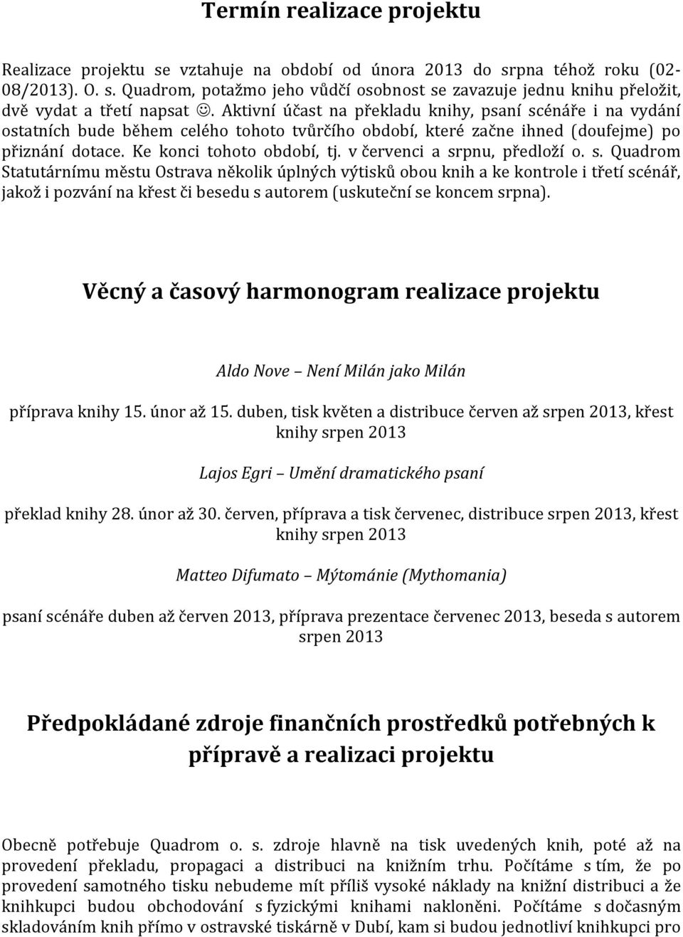 v červenci a srpnu, předloží o. s. Quadrom Statutárnímu městu Ostrava několik úplných výtisků obou knih a ke kontrole i třetí scénář, jakož i pozvání na křest či besedu s autorem (uskuteční se koncem srpna).