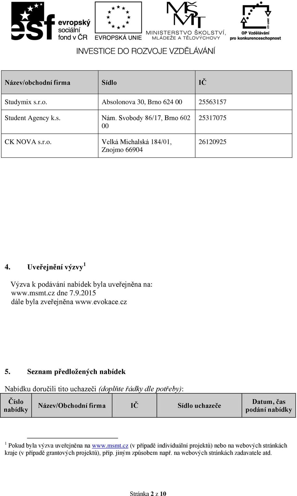 Seznam předložených nabídek Nabídku doručili tito uchazeči (doplňte řádky dle potřeby): Číslo Název/Obchodní firma IČ Sídlo uchazeče Datum, čas podání 1 Pokud byla výzva