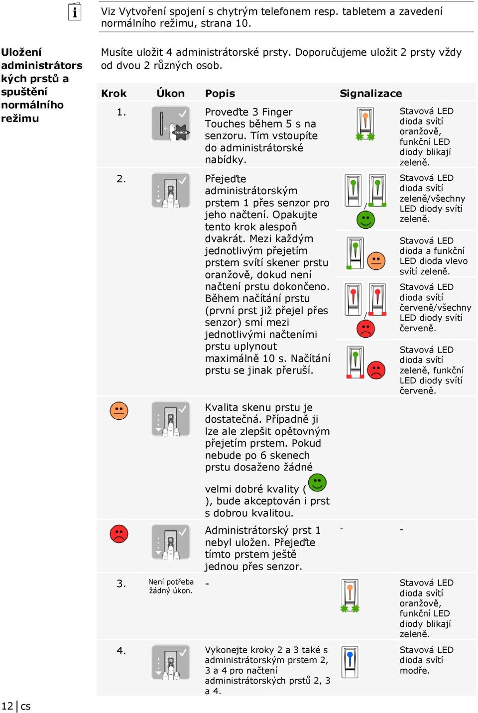 Proveďte 3 Finger Touches během 5 s na senzoru. Tím vstoupíte do administrátorské nabídky. 2. Přejeďte administrátorským prstem 1 přes senzor pro jeho načtení. Opakujte tento krok alespoň dvakrát.