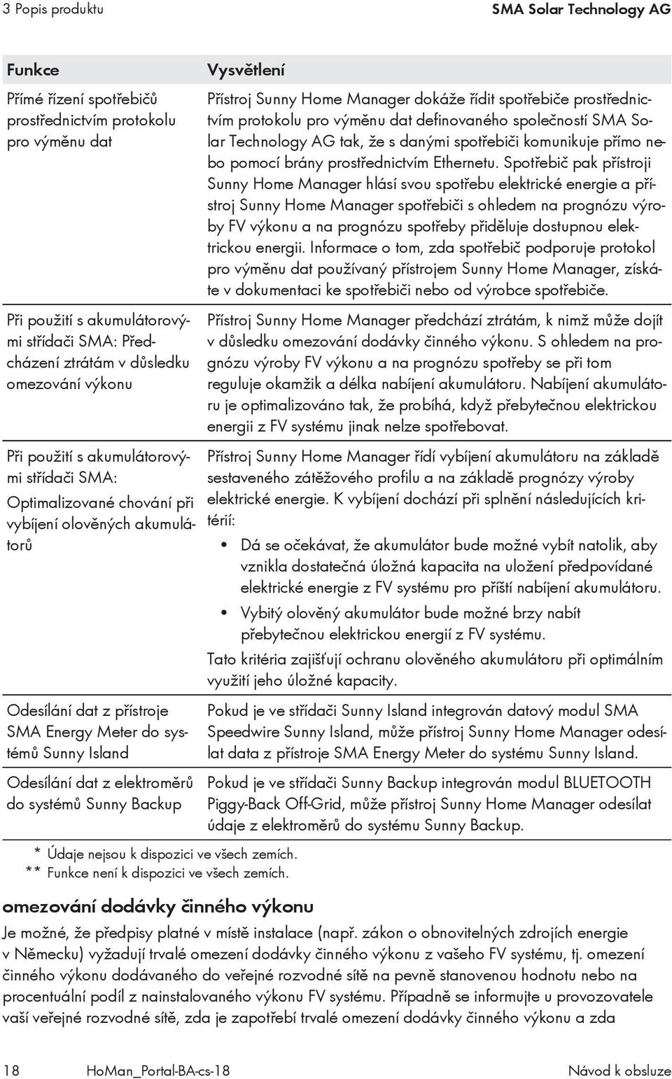 elektroměrů do systémů Sunny Backup Vysvětlení * Údaje nejsou k dispozici ve všech zemích. ** Funkce není k dispozici ve všech zemích.