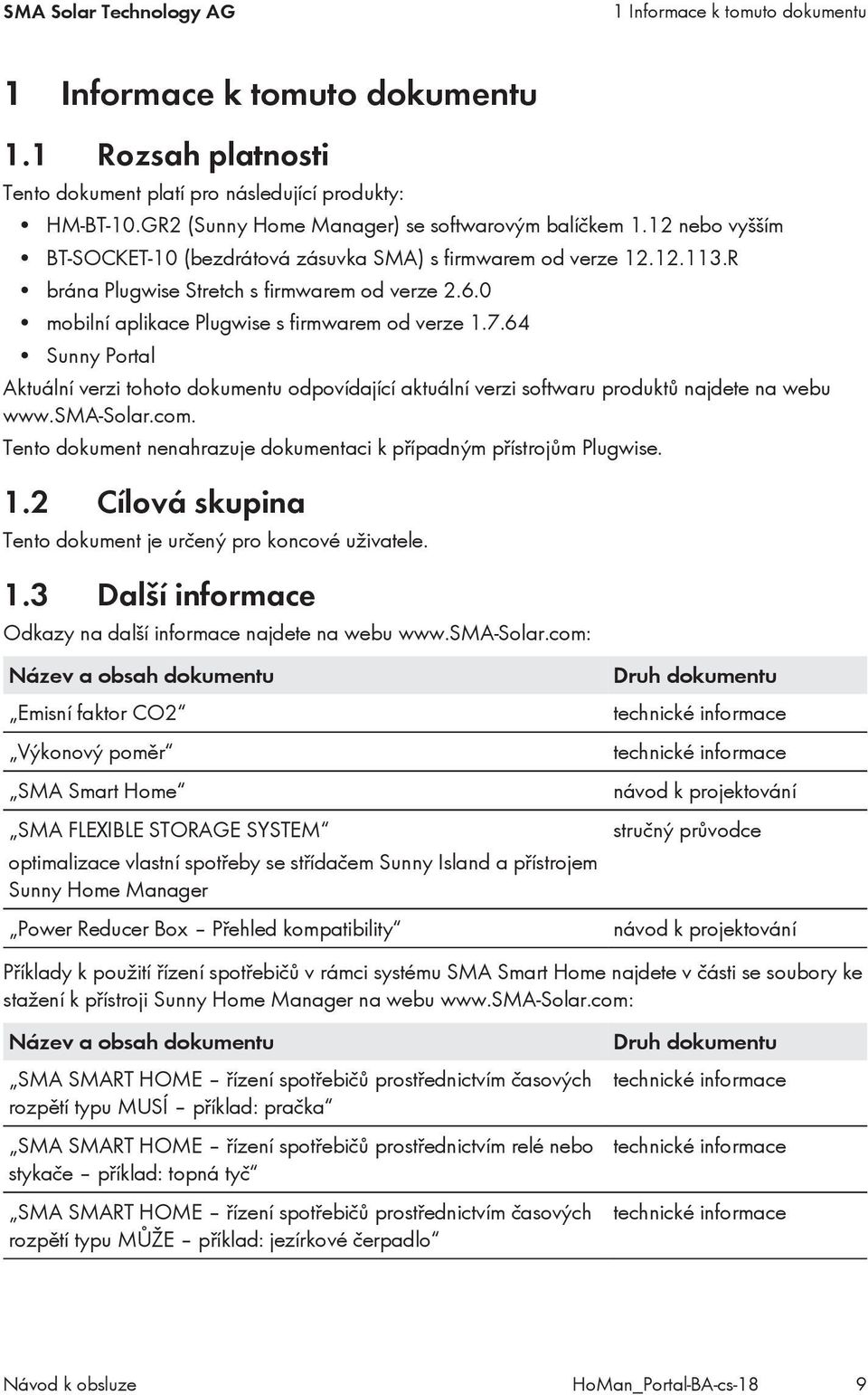 0 mobilní aplikace Plugwise s firmwarem od verze 1.7.64 Sunny Portal Aktuální verzi tohoto dokumentu odpovídající aktuální verzi softwaru produktů najdete na webu www.sma-solar.com.