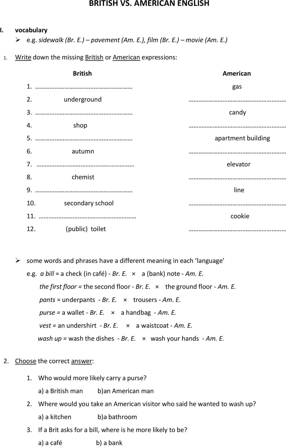 (public) toilet some words and phrases have a different meaning in each language e.g. a bill = a check (in café) - Br. E. a (bank) note - Am. E. the first floor = the second floor - Br. E. the ground floor - Am.