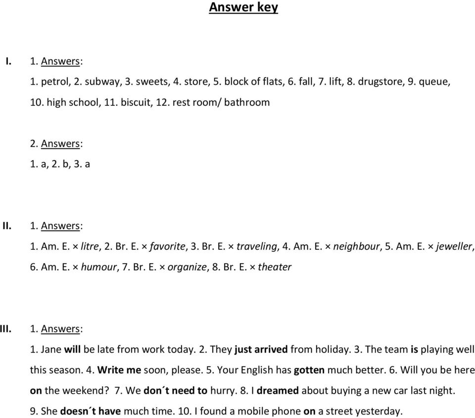 1. Answers: 1. Jane will be late from work today. 2. They just arrived from holiday. 3. The team is playing well this season. 4. Write me soon, please. 5. Your English has gotten much better.