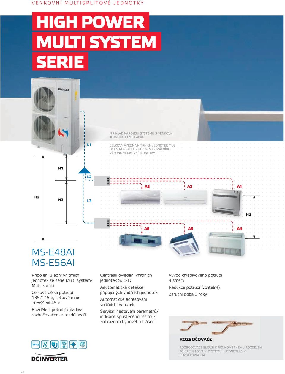 převýšení 45 rozdělení potrubí chladiva rozbočovače a rozdělovači centrální ovládání vnitřních jednotek scc-16 aautoatická detekce připojených vnitřních jednotek autoatické adresování vnitřních