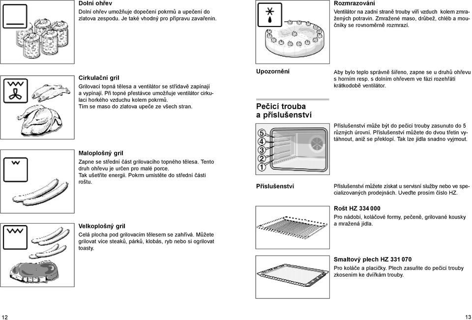 Cirkulační gril Grilovací topná tělesa a ventilátor se střídavě zapínají a vypínají. Při topné přestávce umožňuje ventilátor cirkulaci horkého vzduchu kolem pokrmů.
