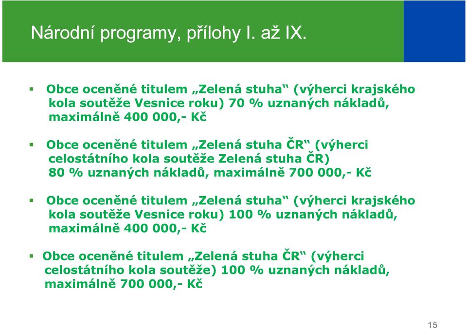 000,- Kč Obce oceněné titulem Zelená stuha (výherci krajského kola soutěže Vesnice roku) 100 % uznaných nákladů, maximálně 400