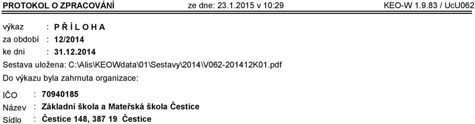 2014 31.12.2014 Sestava uložena: C:\Alis\KEOWdata\01\Sestavy\2014\V062-201412K01.