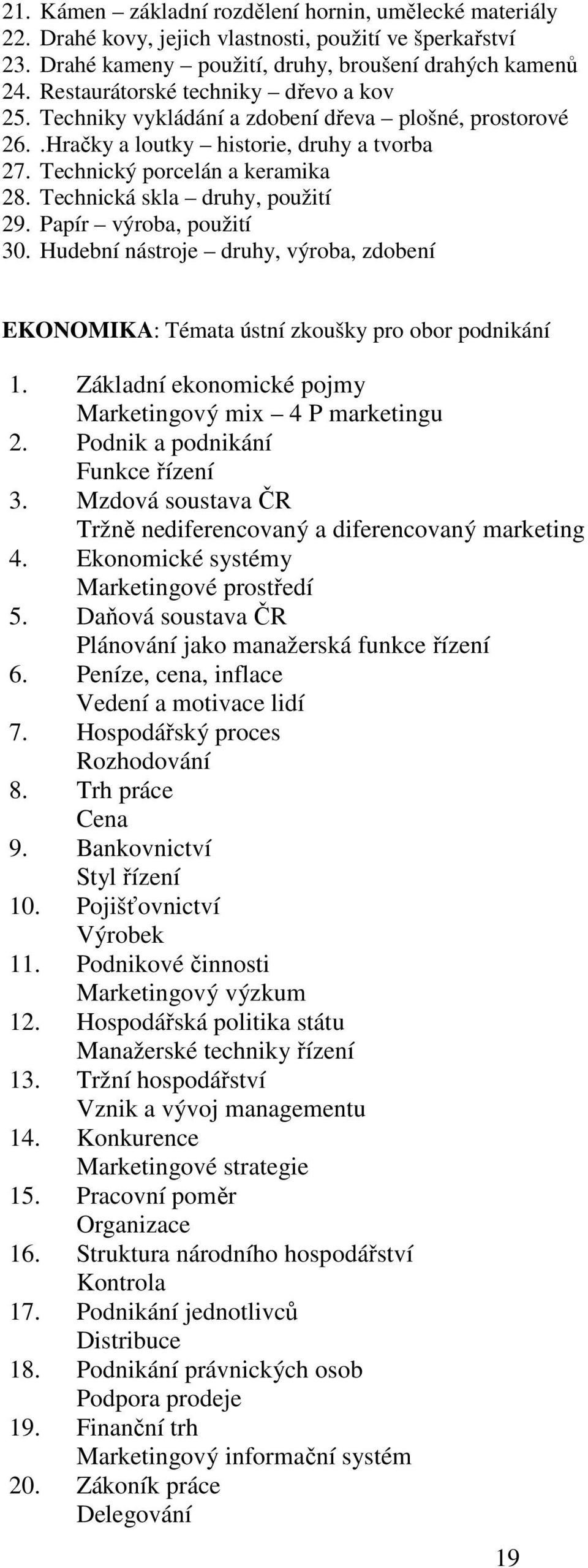 Technická skla druhy, použití 29. Papír výroba, použití 30. Hudební nástroje druhy, výroba, zdobení EKONOMIKA: Témata ústní zkoušky pro obor podnikání 1.