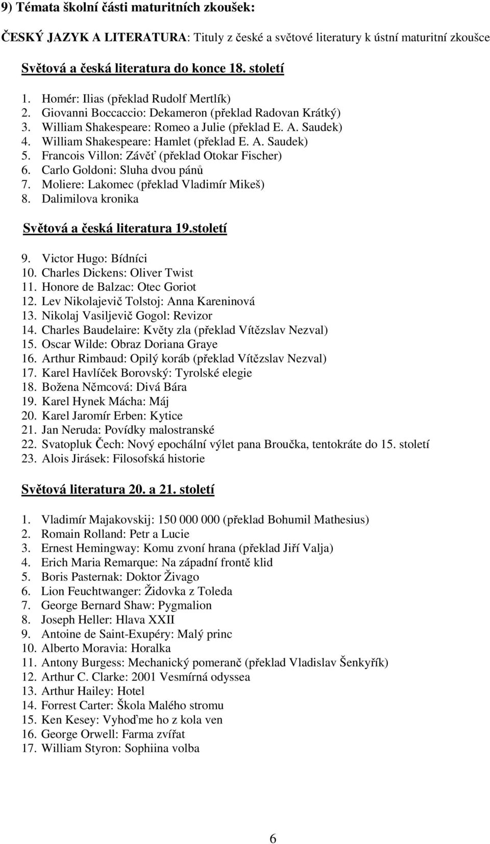 A. Saudek) 5. Francois Villon: Závěť (překlad Otokar Fischer) 6. Carlo Goldoni: Sluha dvou pánů 7. Moliere: Lakomec (překlad Vladimír Mikeš) 8. Dalimilova kronika Světová a česká literatura 19.