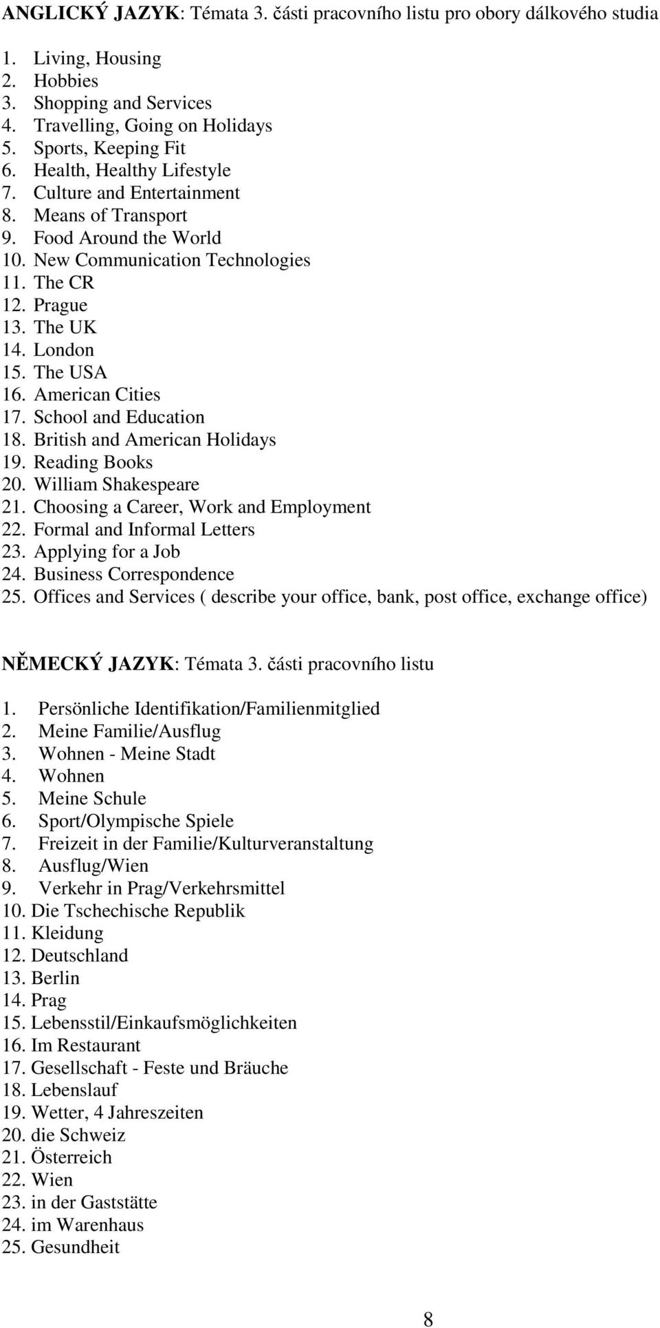 American Cities 17. School and Education 18. British and American Holidays 19. Reading Books 20. William Shakespeare 21. Choosing a Career, Work and Employment 22. Formal and Informal Letters 23.