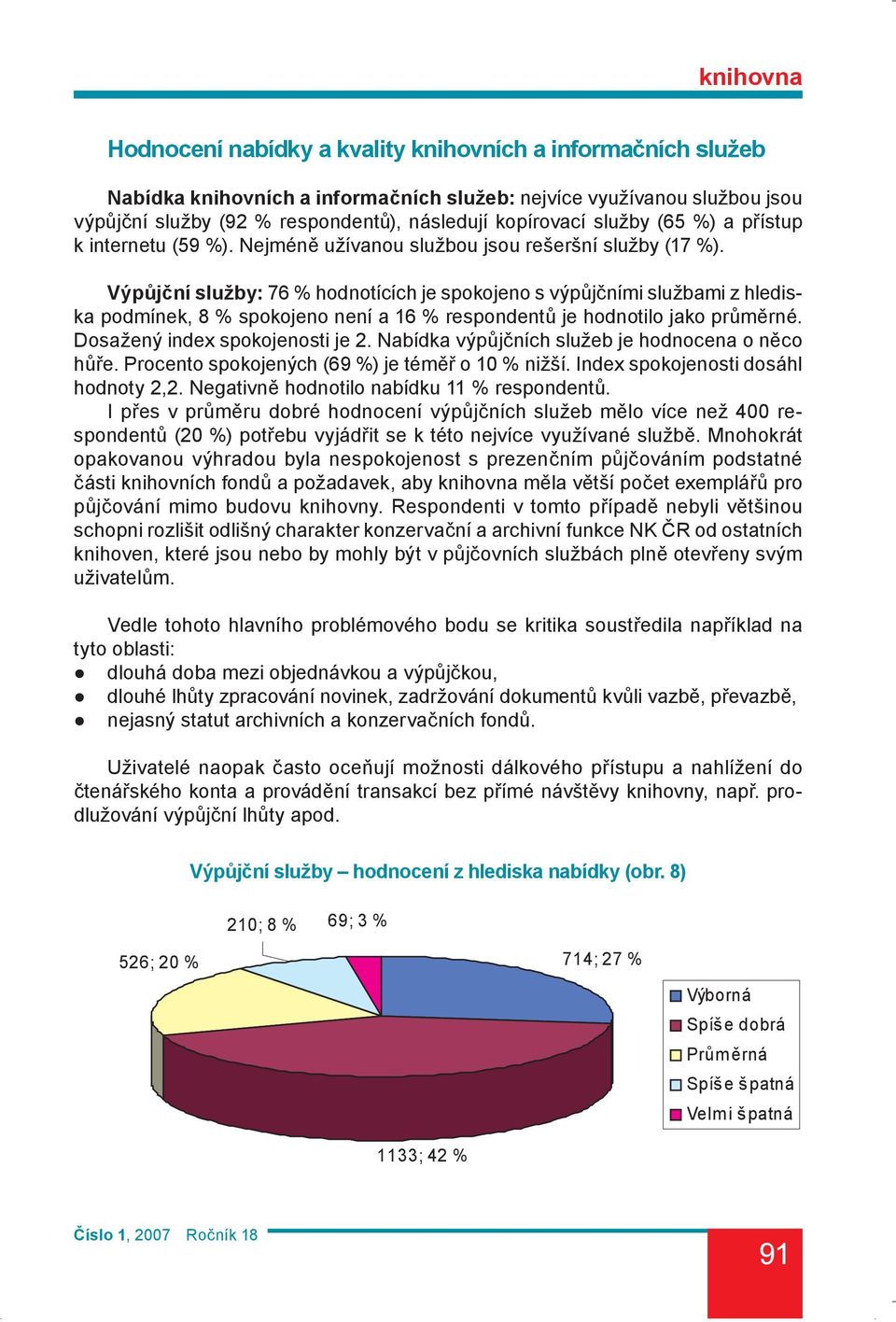 Výpůjční služby: 76 % hodnotících je spokojeno s výpůjčními službami z hlediska podmínek, 8 % spokojeno není a 16 % respondentů je hodnotilo jako průměrné. Dosažený index spokojenosti je 2.