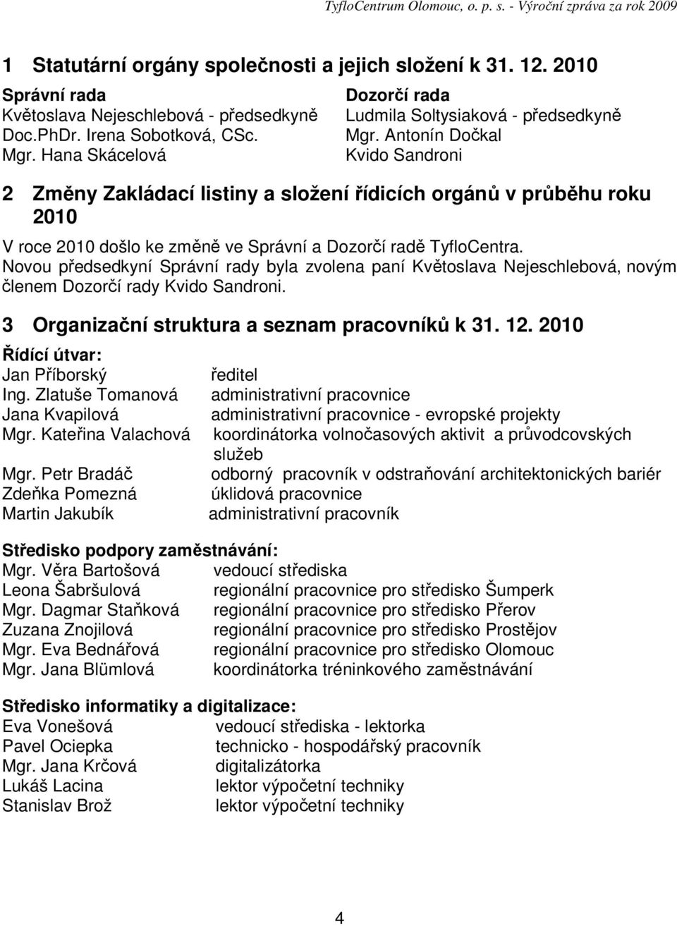 Antonín Dočkal Kvido Sandroni 2 Změny Zakládací listiny a složení řídicích orgánů v průběhu roku 2010 V roce 2010 došlo ke změně ve Správní a Dozorčí radě TyfloCentra.