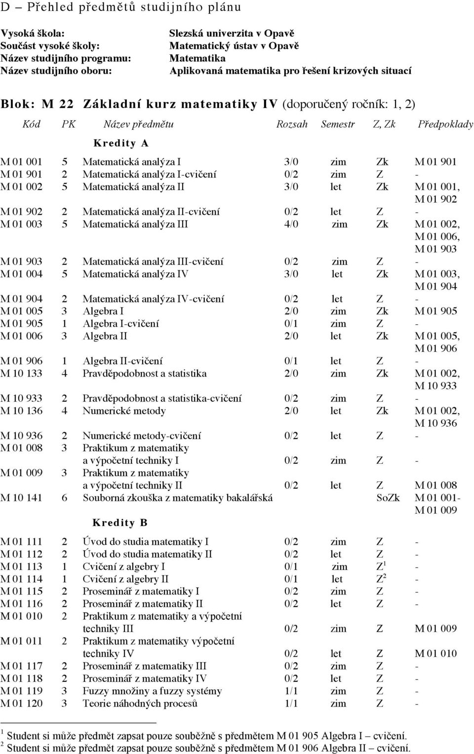 0/2 zim Z - M 01 002 5 Matematická analýza II 3/0 let Zk M 01 001, M 01 902 M 01 902 2 Matematická analýza II-cvičení 0/2 let Z - M 01 003 5 Matematická analýza III 4/0 zim Zk M 01 002, M 01 006, M