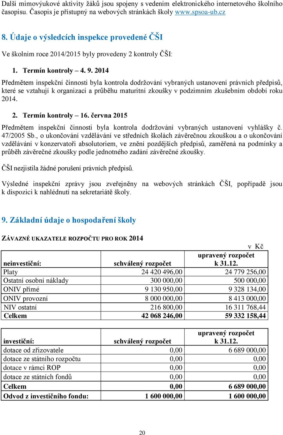 2014 Předmětem inspekční činnosti byla kontrola dodrţování vybraných ustanovení právních předpisů, které se vztahují k organizaci a průběhu maturitní zkoušky v podzimním zkušebním období roku 20