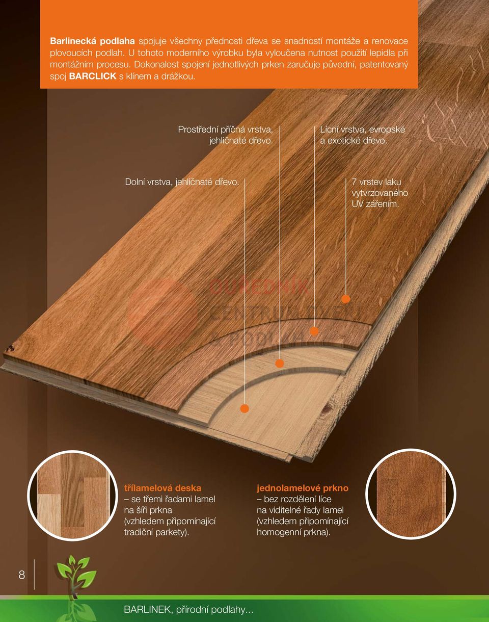 Dokonalost spojení jednotlivých prken zaručuje původní, patentovaný spoj BARCLICK s klínem a drážkou. Prostřední příčná vrstva, jehličnaté dřevo.