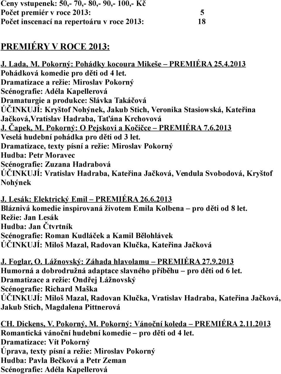 Dramatizace a režie: Miroslav Pokorný Scénografie: Adéla Kapellerová Dramaturgie a produkce: Slávka Takáčová ÚČINKUJÍ: Kryštof Nohýnek, Jakub Stich, Veronika Stasiowská, Kateřina Jačková,Vratislav