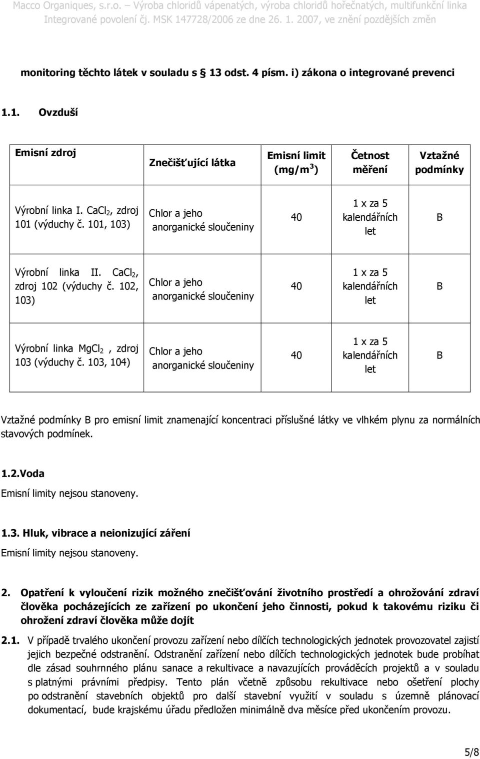 102, 103) Chlor a jeho anorganické sloučeniny 40 1 x za 5 kalendářních let B Výrobní linka MgCl 2, zdroj 103 (výduchy č.