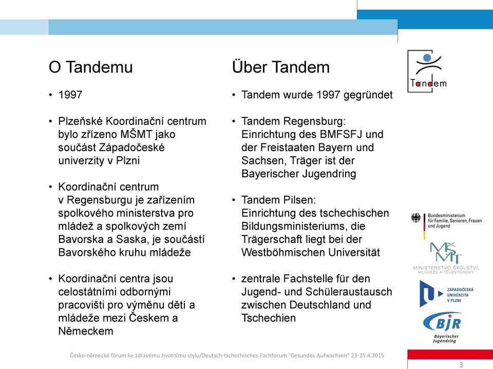 Über Tandem Tandem wurde 1997 gegründet Tandem Regensburg: Einrichtung des BMFSFJ und der Freistaaten Bayern und Sachsen, Träger ist der Bayerischer Jugendring Tandem Pilsen: Einrichtung