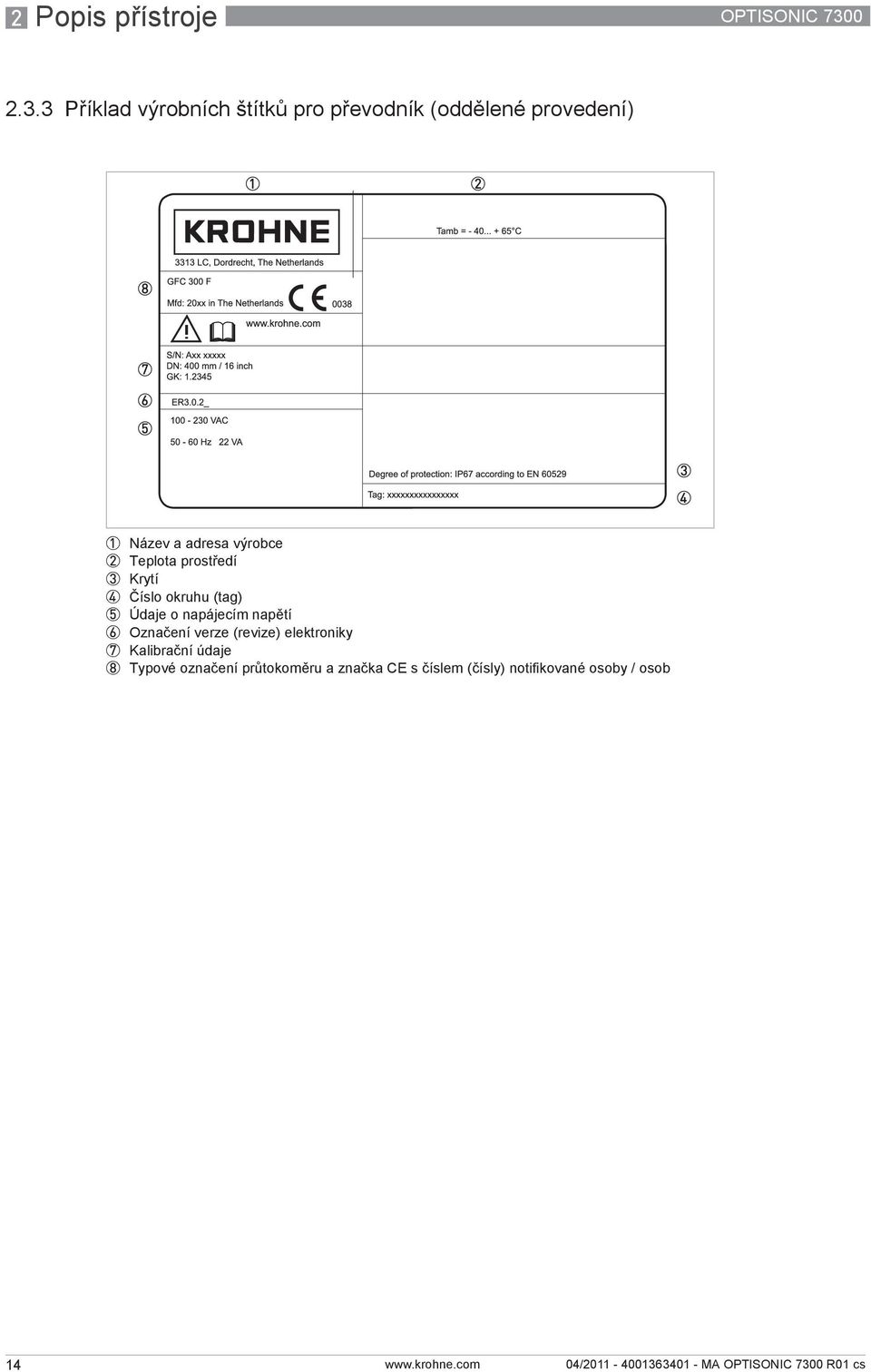 3 Příklad výrobních štítků pro převodník (oddělené provedení) 1 Název a adresa