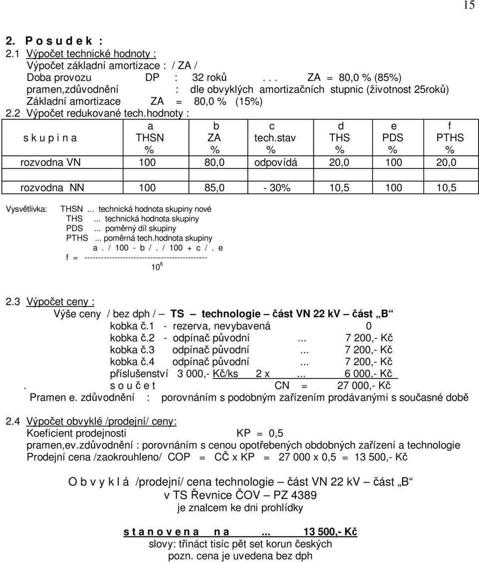 stav d THS e PDS f PTHS rozvodna VN 100 80,0 odpovídá 20,0 100 20,0 rozvodna NN 100 85,0-30 10,5 100 10,5 Vysv tlivka: THSN... technická hodnota skupiny nové THS... technická hodnota skupiny PDS.