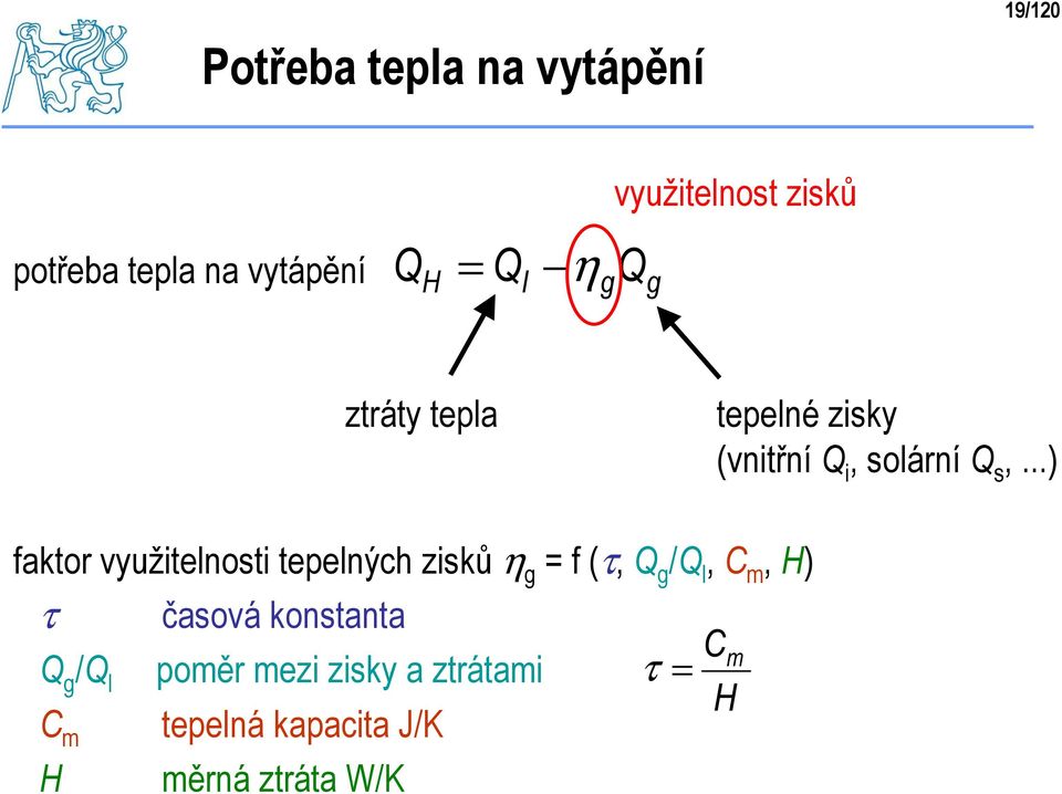 ..) faktor využitelnosti tepelných zisků η g = f (τ, Q g /Q l, C m, H) τ Q g /Q l