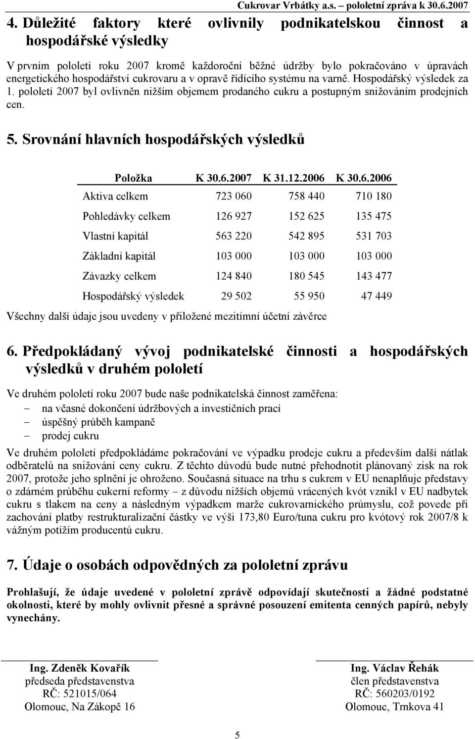 Srovnání hlavních hospodářských výsledků Položka K 30.6.