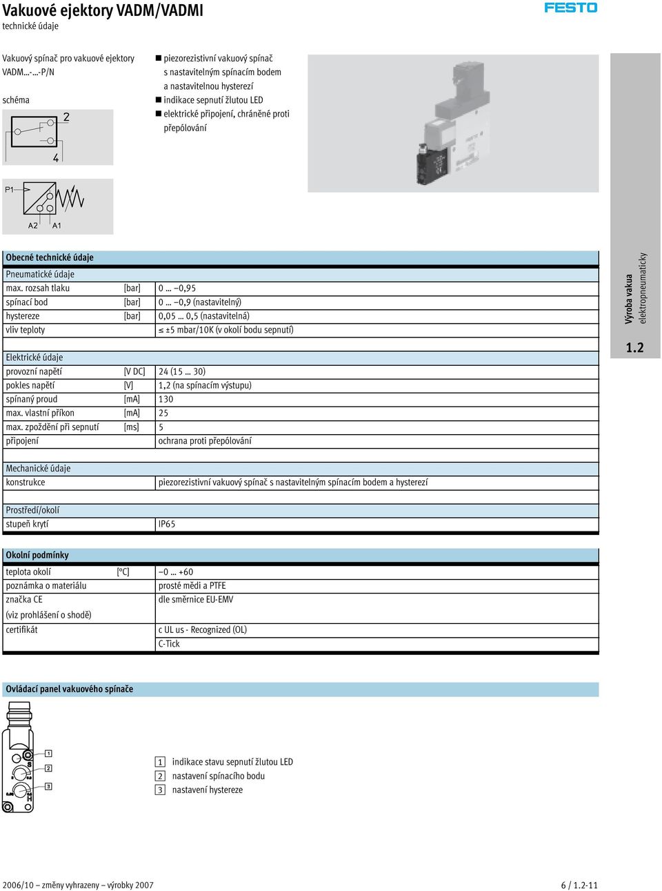 rozsah tlaku [bar] 0 0,95 spínací bod [bar] 0 0,9 (nastavitelný) hystereze [bar] 0,05 0,5 (nastavitelná) vliv teploty ±5 mbar/10k (v okolí bodu sepnutí) Elektrické údaje provozní napětí [V DC] 24 (15