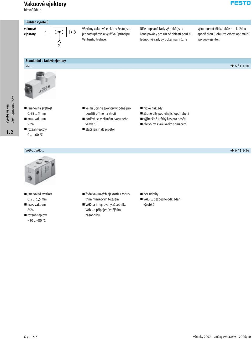 Standardní a řadové ejektory VN- 6 / 1.1-10 jmenovitá světlost 0,45 3 mm max.