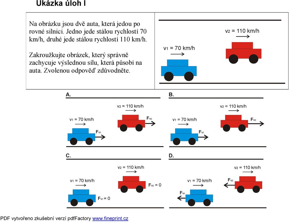 Zakroužkujte obrázek, který správně zachycuje výslednou sílu, která působí na auta. Zvolenou odpověď zdůvodněte.