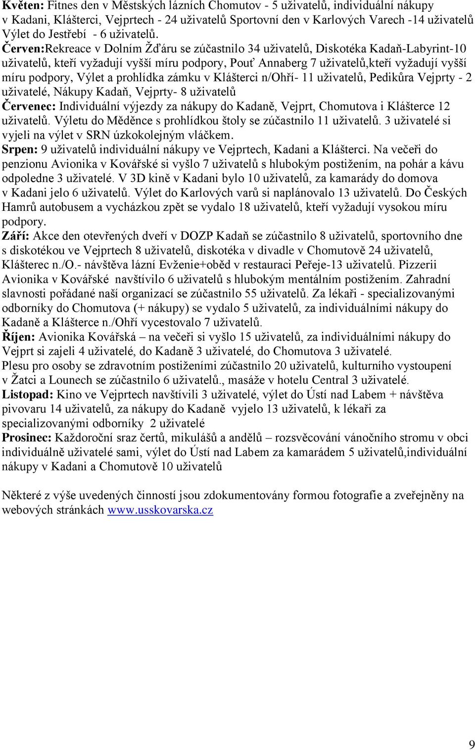 Červen:Rekreace v Dolním Ţďáru se zúčastnilo 34 uţivatelů, Diskotéka Kadaň-Labyrint-10 uţivatelů, kteří vyţadují vyšší míru podpory, Pouť Annaberg 7 uţivatelů,kteří vyţadují vyšší míru podpory, Výlet